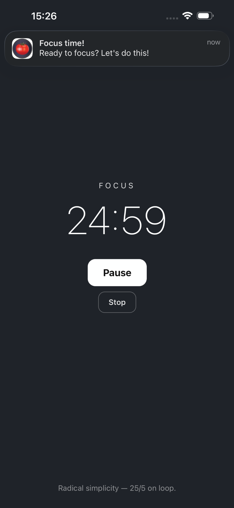 25-minute focus session timer in progress with dark mode interface