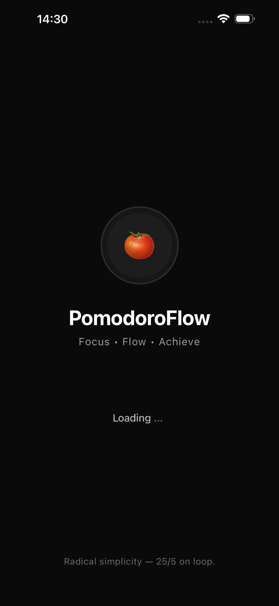 PomodoroFlow app loading screen with tomato logo